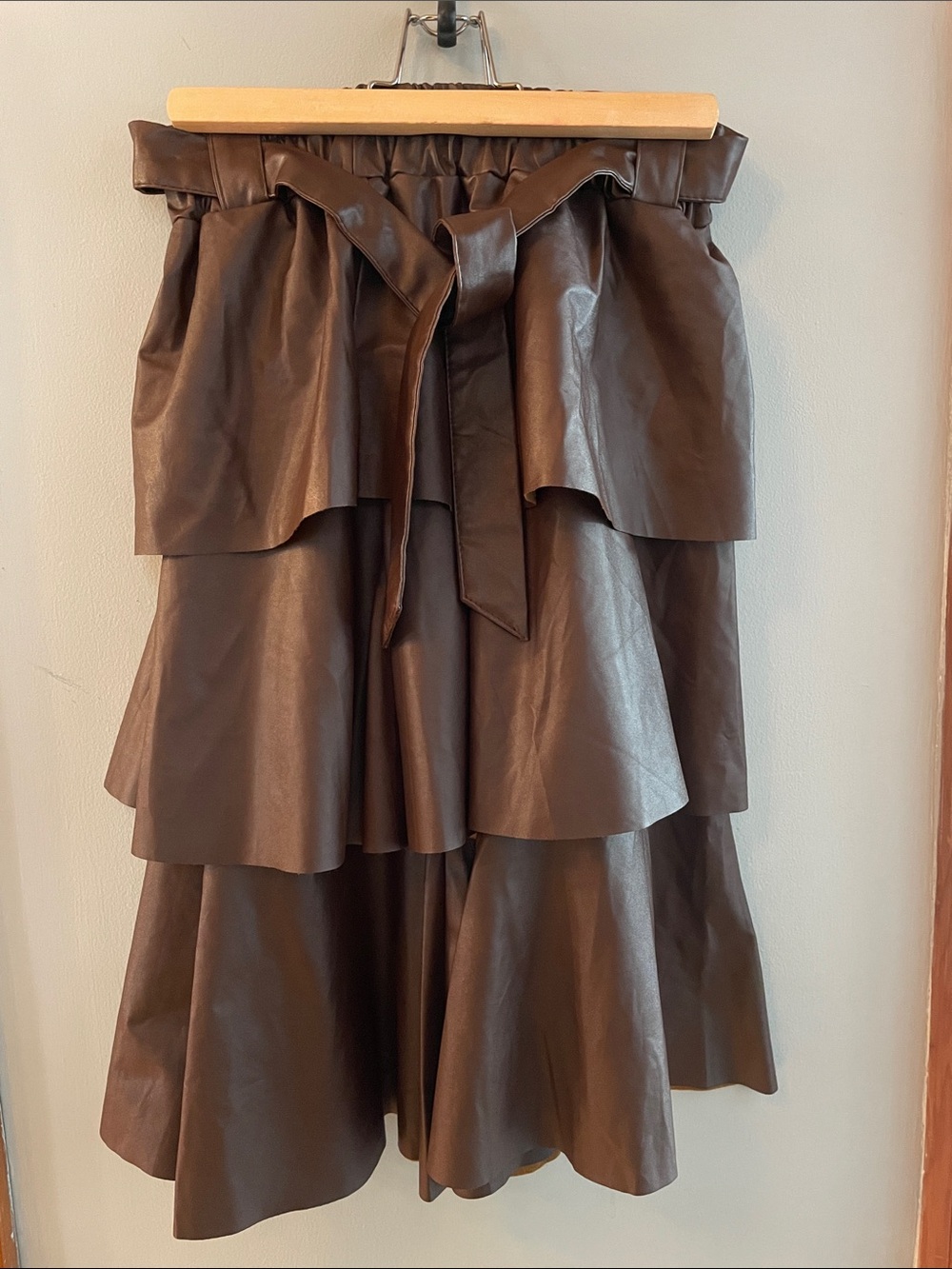 Chocolate Brown Tiered Faux-Leather Belted Skirt Feminine Goth Avant Garde Fun